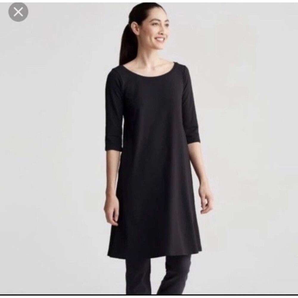 EILEEN FISHER Dress S Organic Cotton Stretch Jersey Elbow Sleeve Mussel Brown